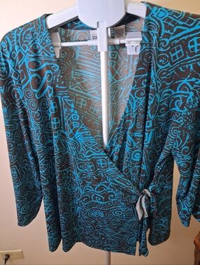 Chico's Teal and Brown Abstract Print Blouse
